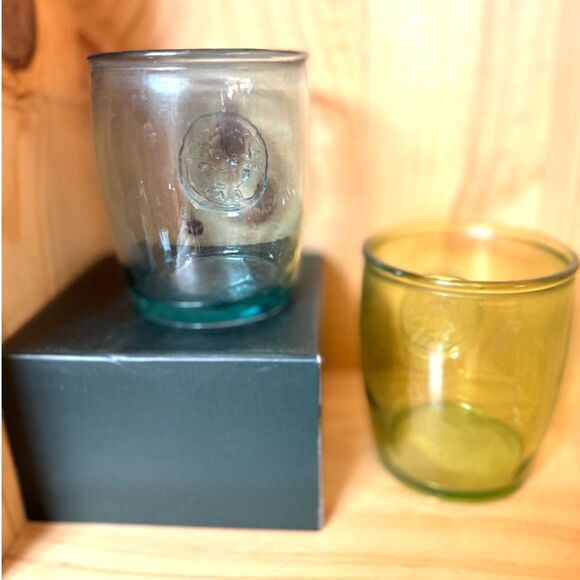 Authentic Recycled San Miguel Lowball Glasses Blue & Yellow Green SZ 4" H x 3" W - Picture 7 of 7